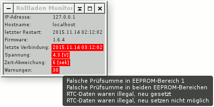 Screenshot RollladenMonitor mit allen Warnungen