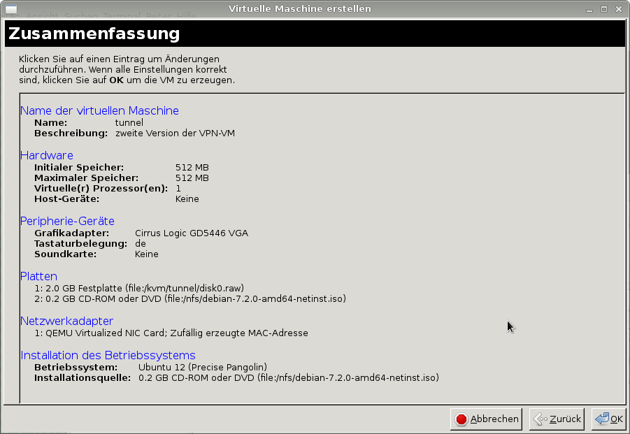 die Zusammenfassung der Settings der VM