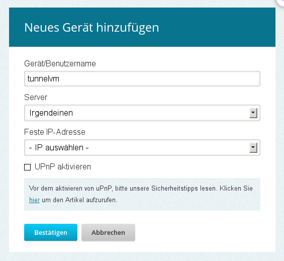 Dialog "Gerät anlegen" bei Hide.me