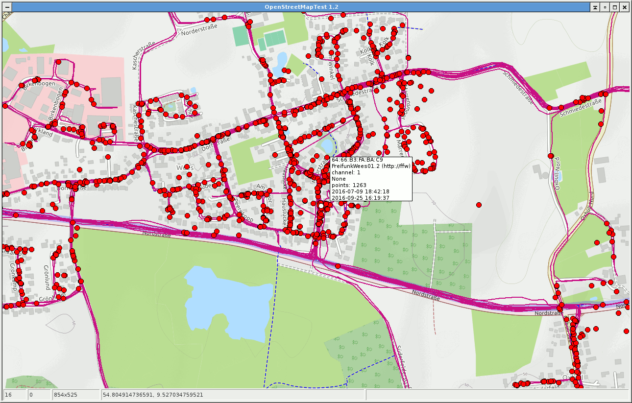 Screenshot wxOSM mit
        Metadaten-Anzeige bei Mouse-Over