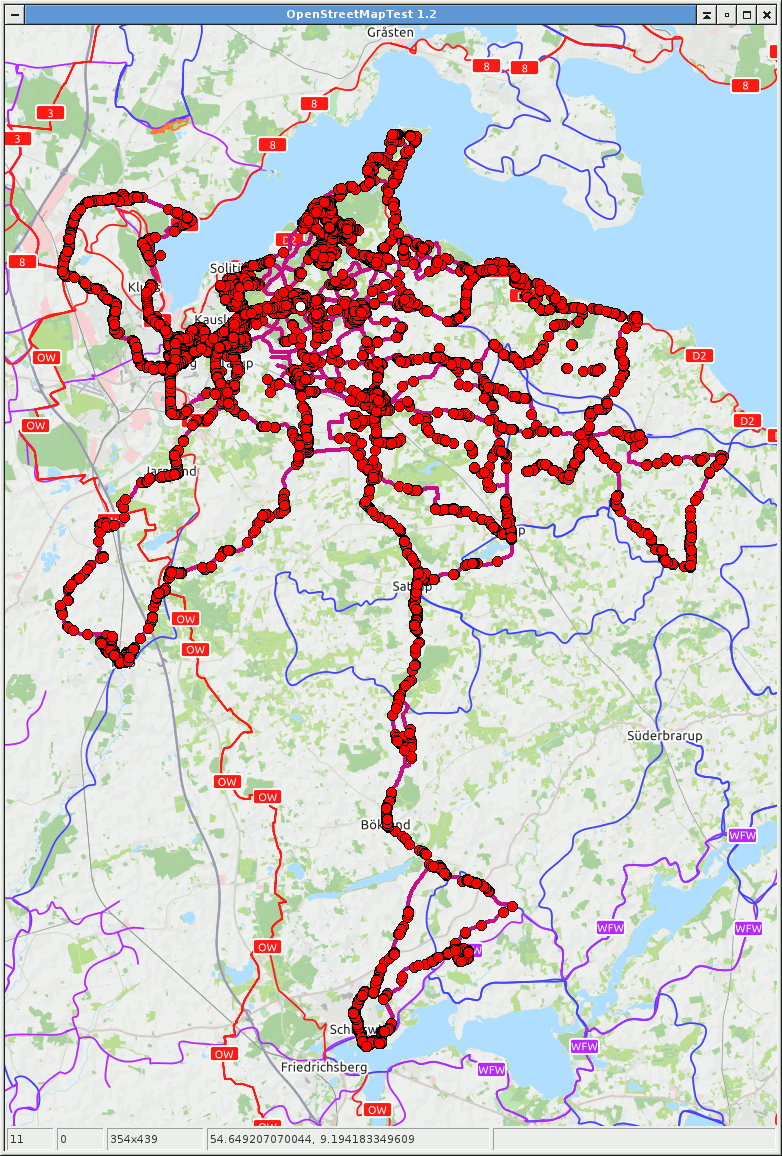 Screenshot von wxOSM mit Anzeige
        aller beim Wardriving bisher gefundenen AccessPoints