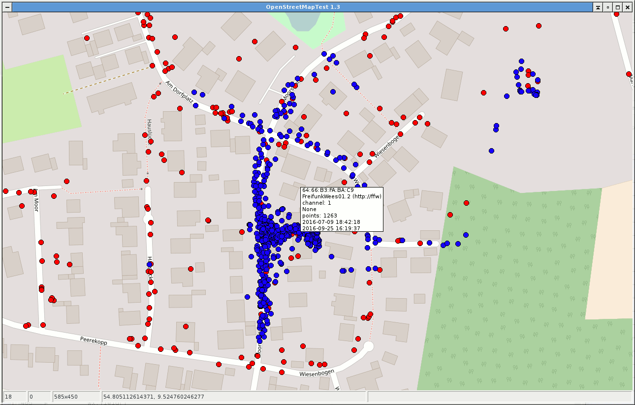 Screenshot wxOSM mit temporär
        nachgeladenen Sichtungs-Punkten