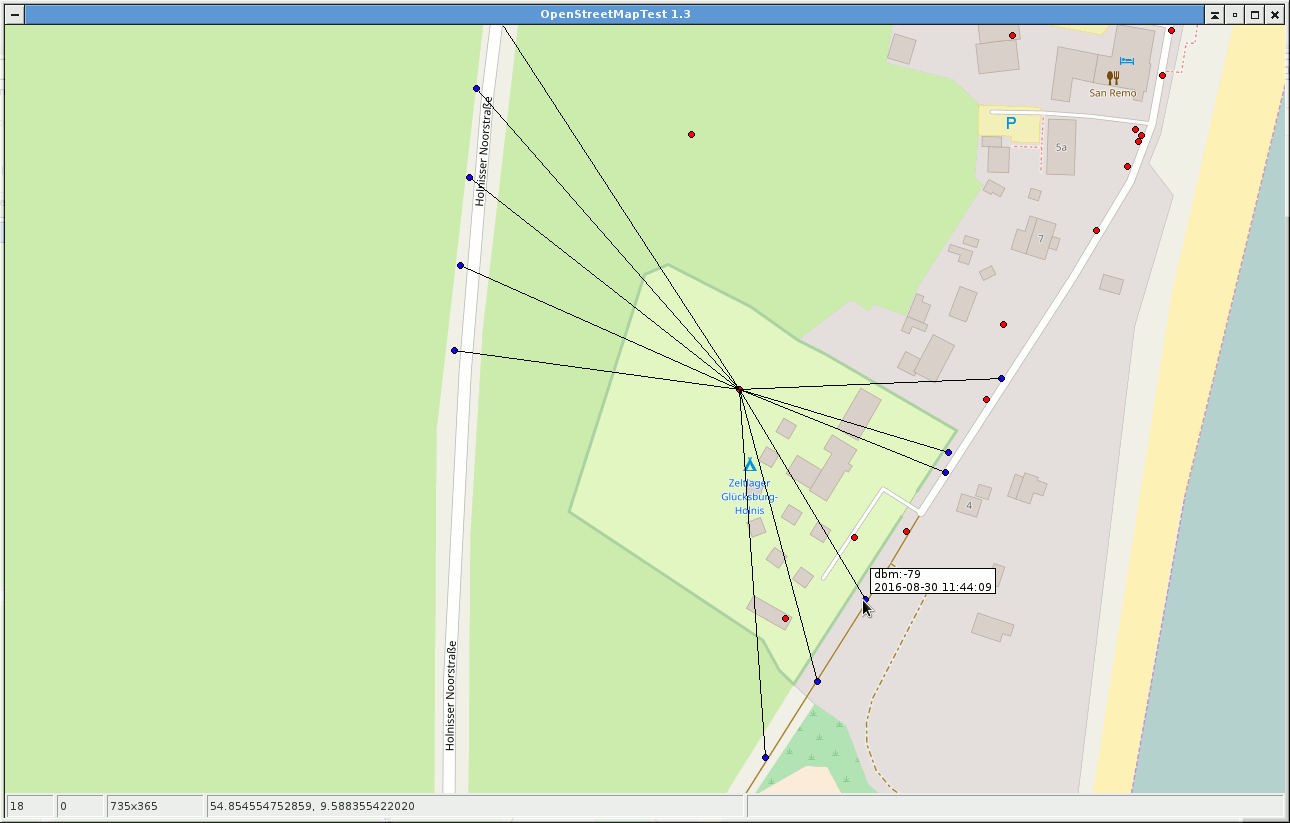 Screenshot wxOSM mit Linien zwischen
        AP-Standort und allen Sichtungs-Punkten